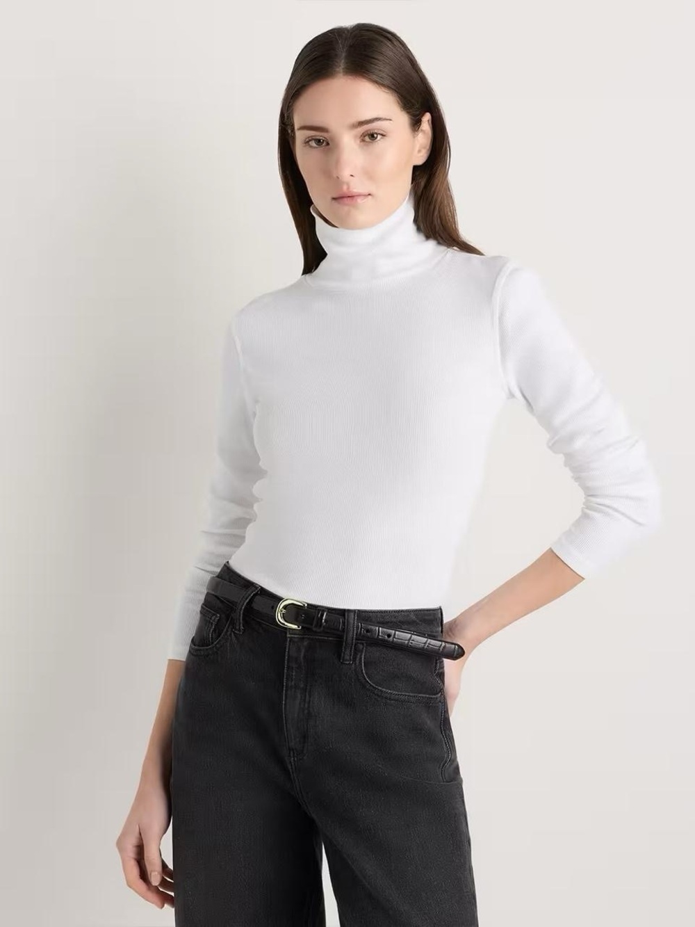 Quince Organic Cotton Micro-Rib Turtleneck Long Sleeve Shirt in Soft White Sz L